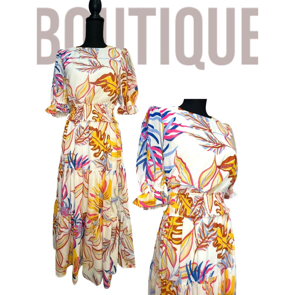BOHO  Floral Flying Tomato Dress Fall  Ruffles womens size small Puff Sleeve